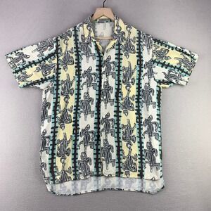 VTG Matinique Lizard Print Button Up Shirt Mens Medium Yellow Blue Tribal Casual